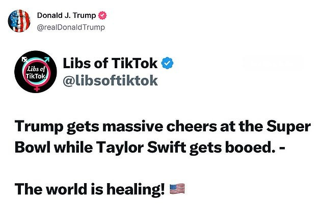 Ông Trump cà khịa Taylor Swift sau trận Super Bowl 2025. Ông Trump cà khịa Taylor Swift sau trận Super Bowl 2025.