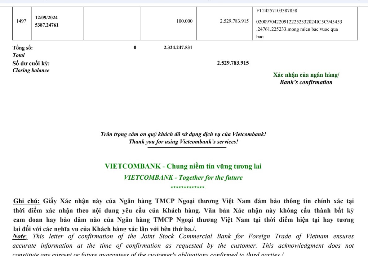 Trang cuối của bảng sao kê