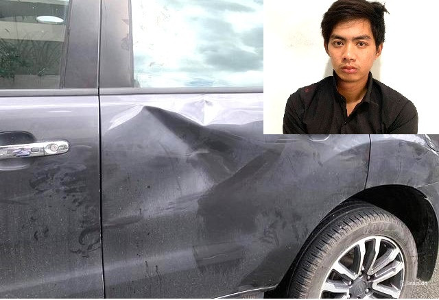 Chiếc xe ô tô bị móp và nghi phạm (ảnh nhỏ)