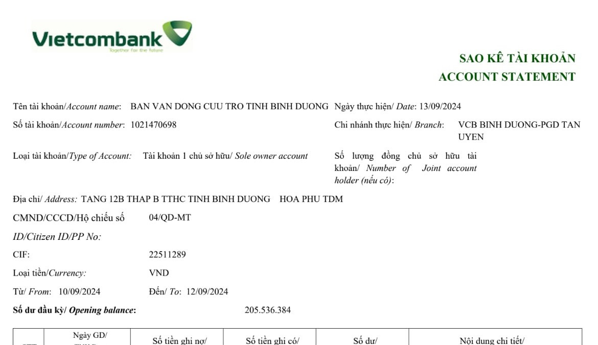 Trang đầu của bảng sao kê