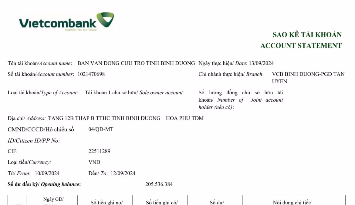 Trang đầu của bảng sao kê