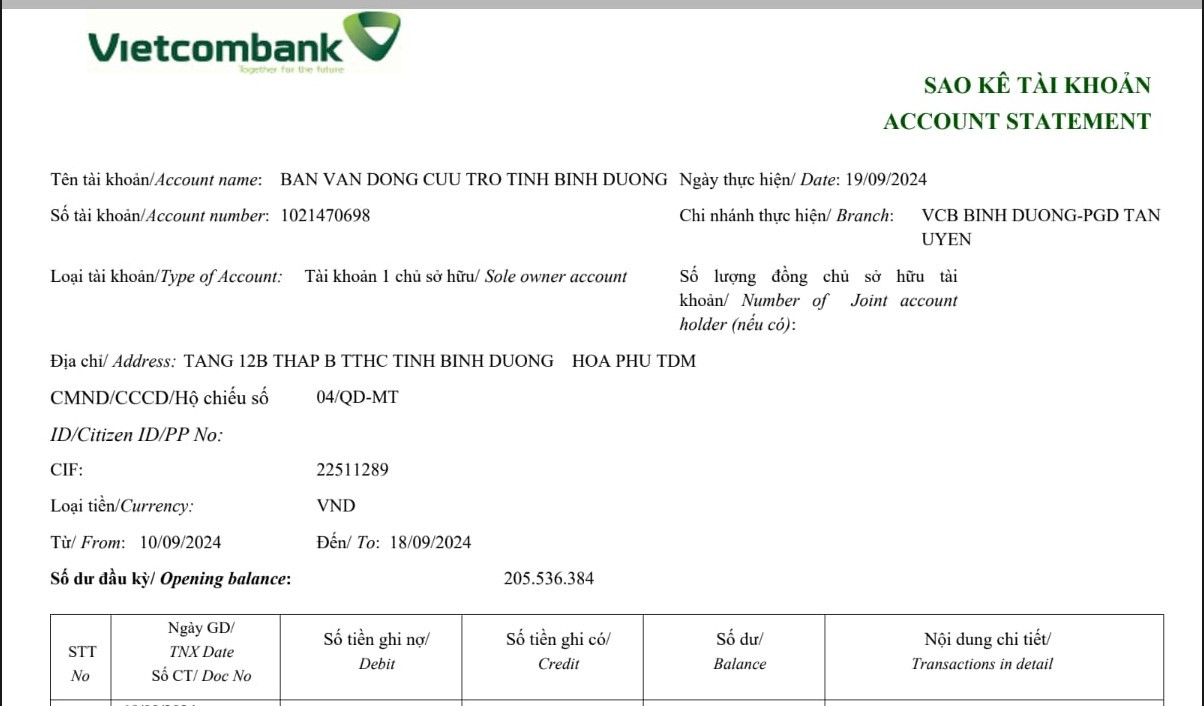 Trang đầu của bảng sao kê Trang đầu của bảng sao kê