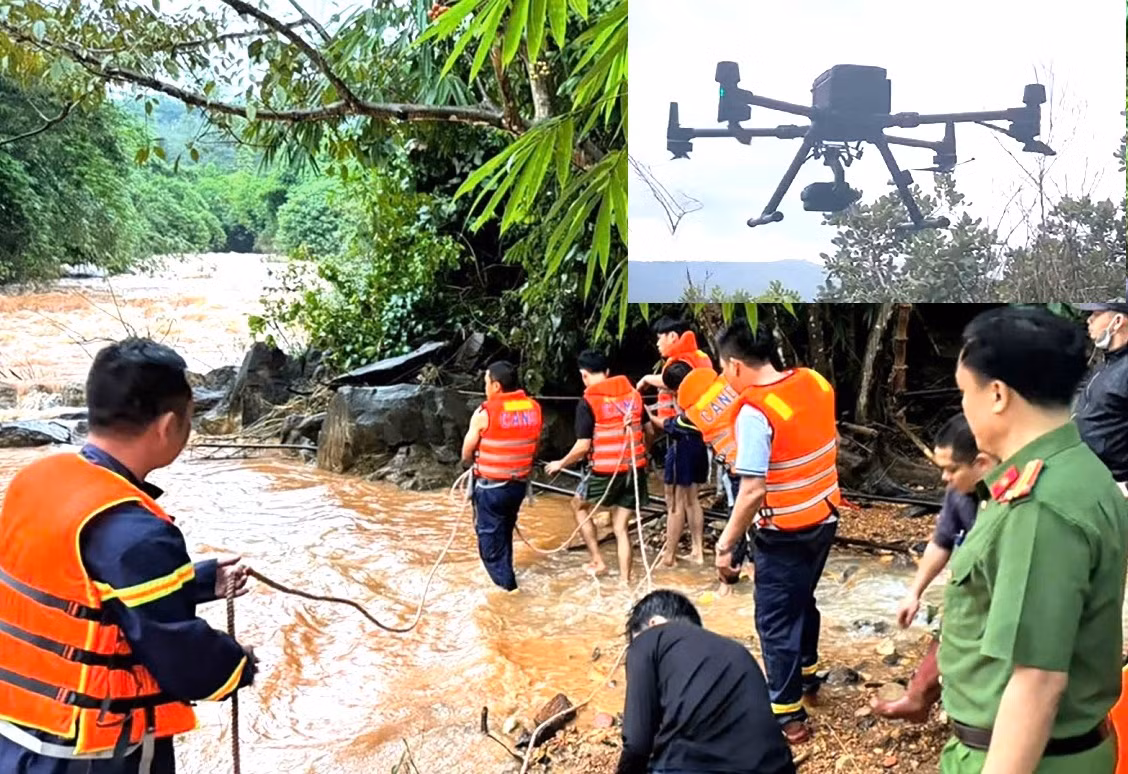 Cơ quan chức năng dùng flycam tìm kiếm nạn nhân mất tích trên suối