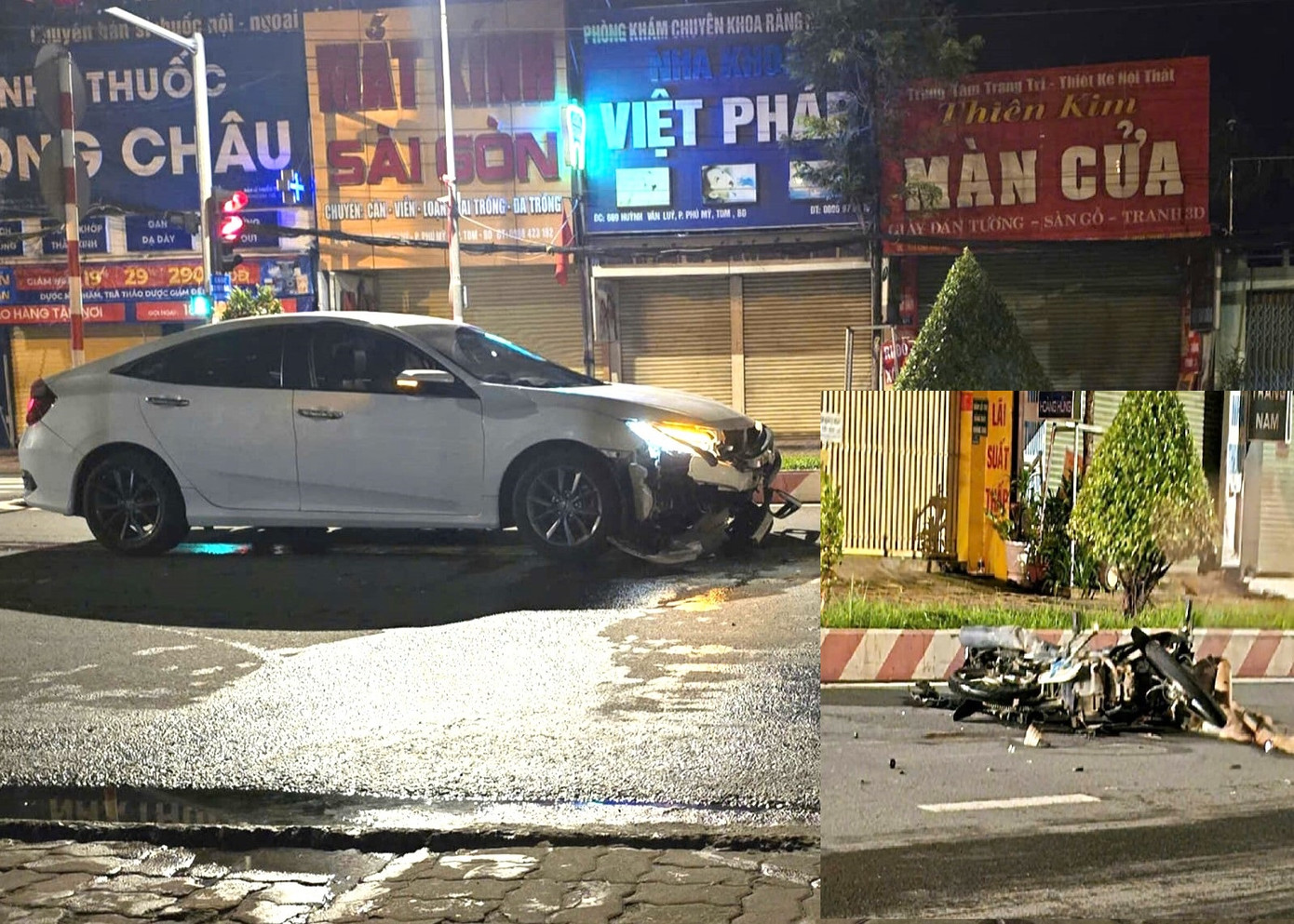 Chiếc ô tô hư hỏng phần đầu sau tai nạn (ảnh lớn) và xe máy (ảnh nhỏ)