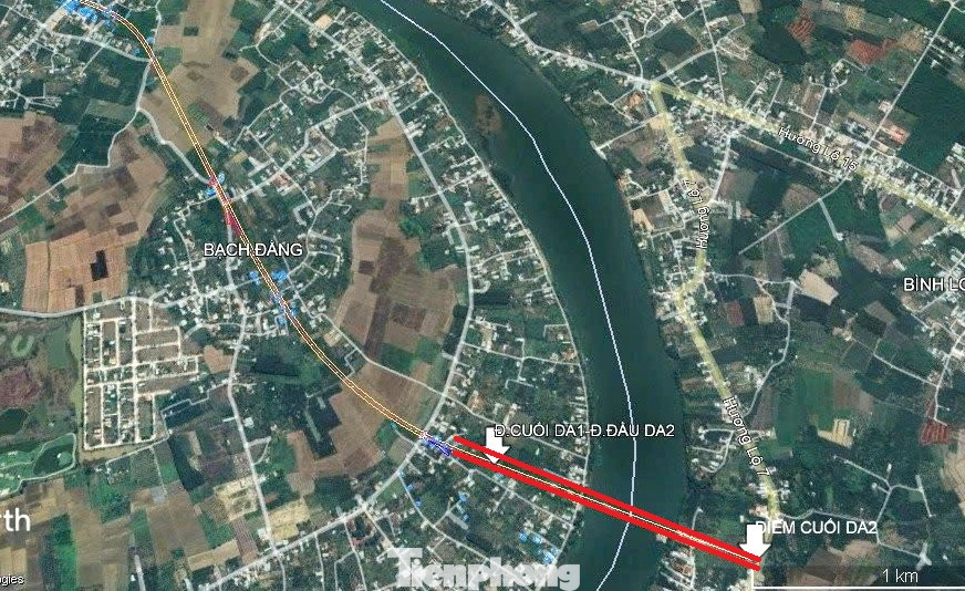 Vị trí công trình cầu Bạch Đằng 2 và đường dẫn Ảnh: chụp từ vệ tinh