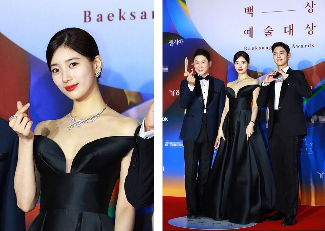 "Tình đầu quốc dân" Suzy là sự kết hợp giữa ngọt ngào, thanh lịch và quyến rũ trong đầm đen trễ vai, xẻ ngực. Cô là một trong 3 MC chính của lễ trao giải cùng với Shin Dong Yup và Park Bo Gum.