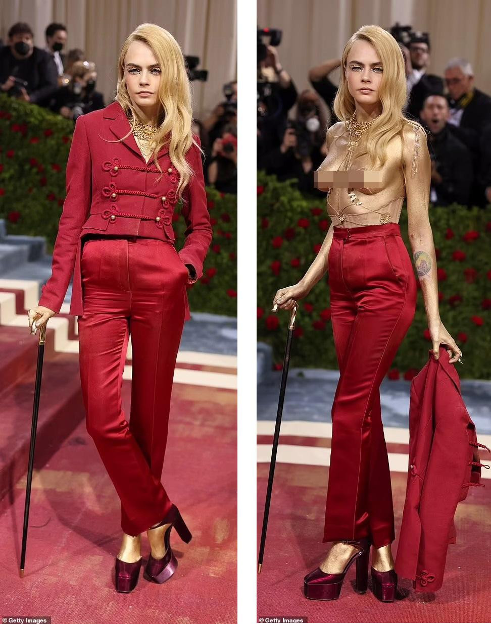 Siêu mẫu nội y Cara Delevingne trông phản cảm và kỳ lạ khi để ngực trần và "dát vàng" toàn bộ cơ thể.