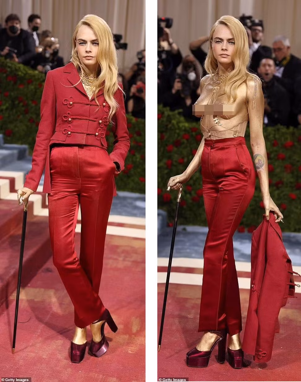 Siêu mẫu nội y Cara Delevingne trông phản cảm và kỳ lạ khi để ngực trần và "dát vàng" toàn bộ cơ thể.