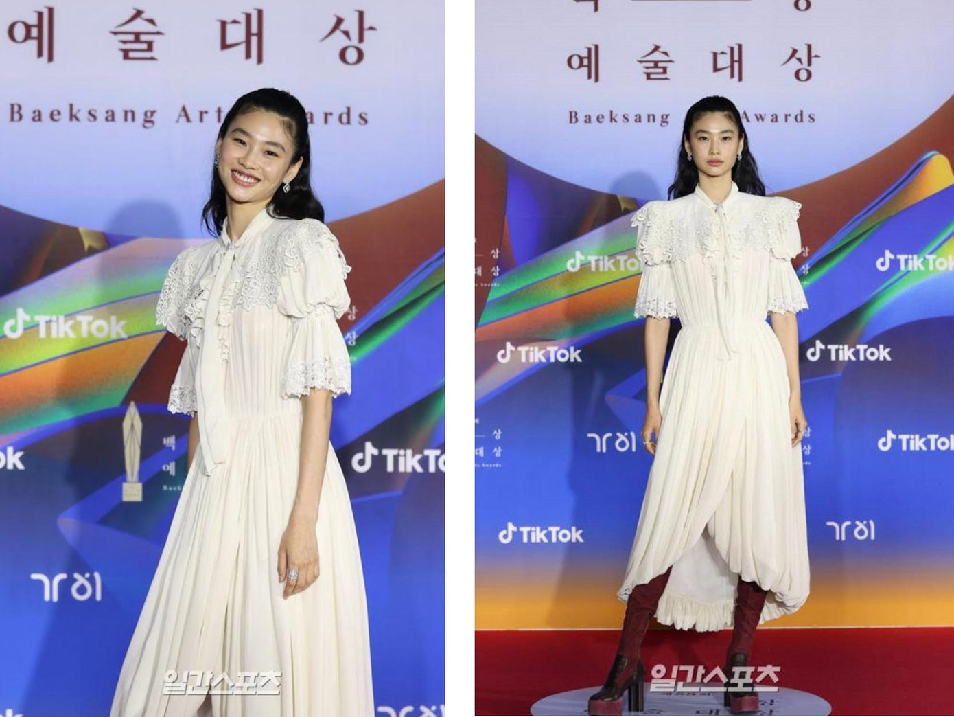 Jung Ho Yeon là mỹ nhân hiếm hoi mặc váy ren, bèo nhún mà nổi bật với vẻ cá tính. Cô được đề cử ở hạng mục "Nữ diễn viên mới xuất sắc - mảng truyền hình" cho vai diễn đầu tay trong "Squid Game".