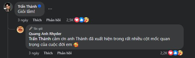Rhyder cảm ơn Trấn Thành dưới bài đăng của mình. Ảnh: Facebook Quang Anh Rhyder