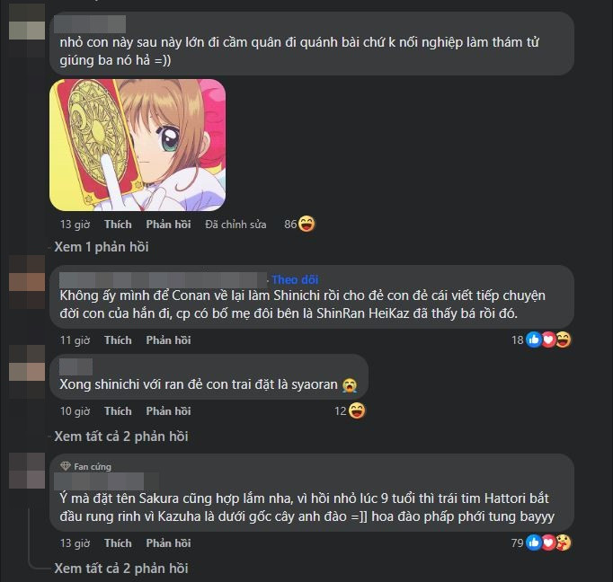 Khán giả phấn khích về thông tin con của Heiji - Kazuha. Ảnh: FBNV Khán giả phấn khích về thông tin con của Heiji - Kazuha. Ảnh: FBNV