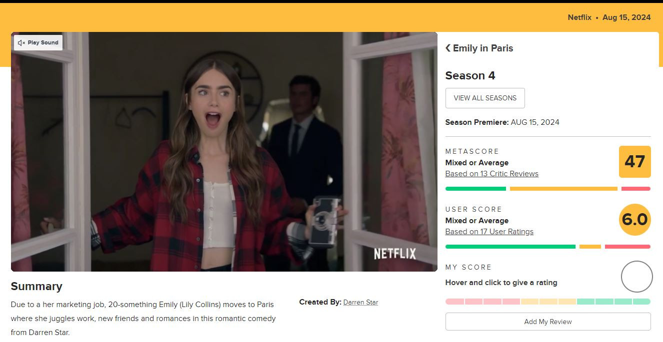 Emily in Paris mùa 4 chỉ được 47/100 điểm. Ảnh: Metacritic