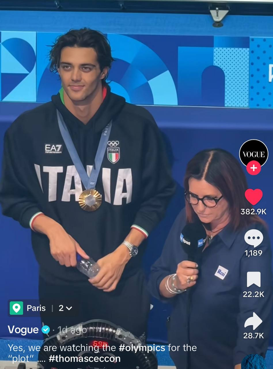 Trang Vogue ưu ái đăng video về Thomas Ceccon. Ảnh: TikTok Vogue. Trang Vogue ưu ái đăng video về Thomas Ceccon. Ảnh: TikTok Vogue.