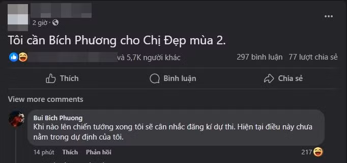 Bích Phương để lại bình luận dưới bài đăng réo gọi tên mình.