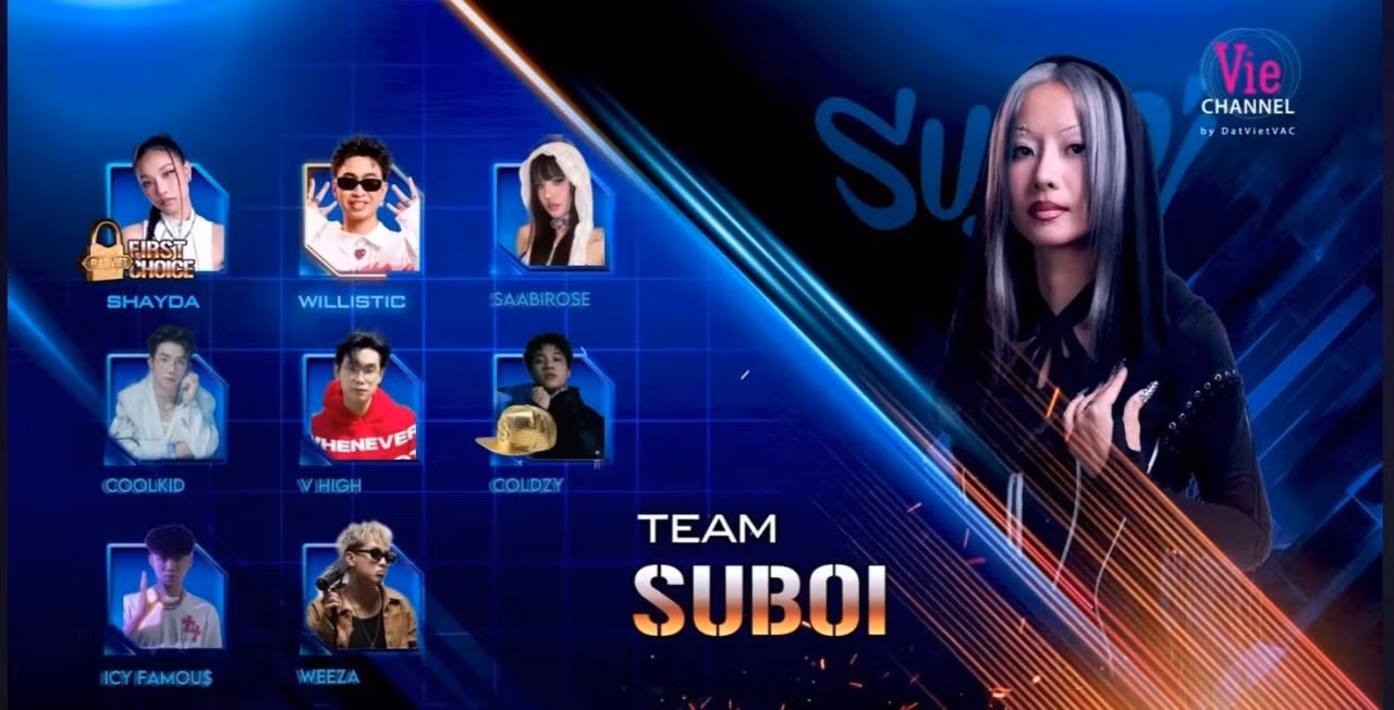 Đội Suboi gồm Shayda, Willistic (đã xác nhận), Saabirose, CoolKid, V high, "nón vàng" Coldzy, ICY Famou$ và Weeza (chưa xác nhận). Ảnh: TikTok