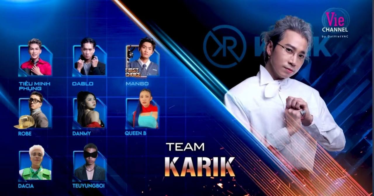 Đội Karik gồm Tiêu Minh Phụng, Dablo, Manbo (đã xác nhận), "nón vàng" Robe, Danmy, Queen B, Dacia và TEUYUNGBOI (chưa xác nhận). Ảnh: TikTok Đội Karik gồm Tiêu Minh Phụng, Dablo, Manbo (đã xác nhận), "nón vàng" Robe, Danmy, Queen B, Dacia và TEUYUNGBOI (chưa xác nhận). Ảnh: TikTok