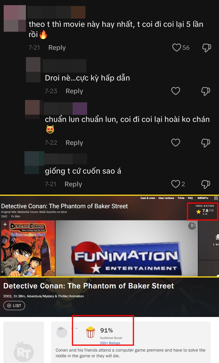 Bình luận hay nhất và điểm đánh giá cao nhất dành cho Movie 6 của Conan. Ảnh: Tổng hợp