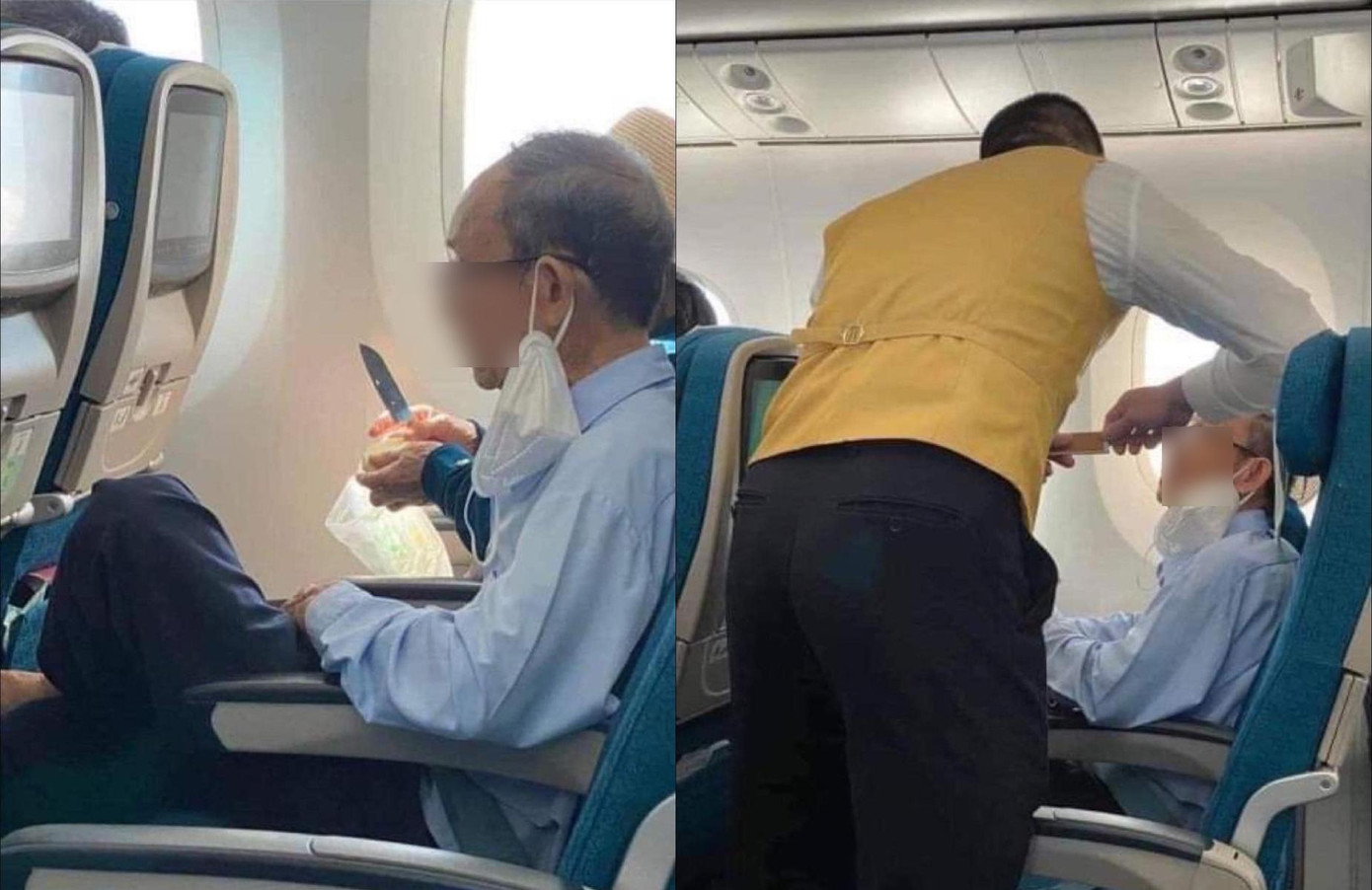 Hai hành khách lớn tuổi cầm dao gọt trái cây trên máy bay được lan truyền trên mạng xã hội. Ảnh: Mạng xã hội. Hai hành khách lớn tuổi cầm dao gọt trái cây trên máy bay được lan truyền trên mạng xã hội. Ảnh: Mạng xã hội.