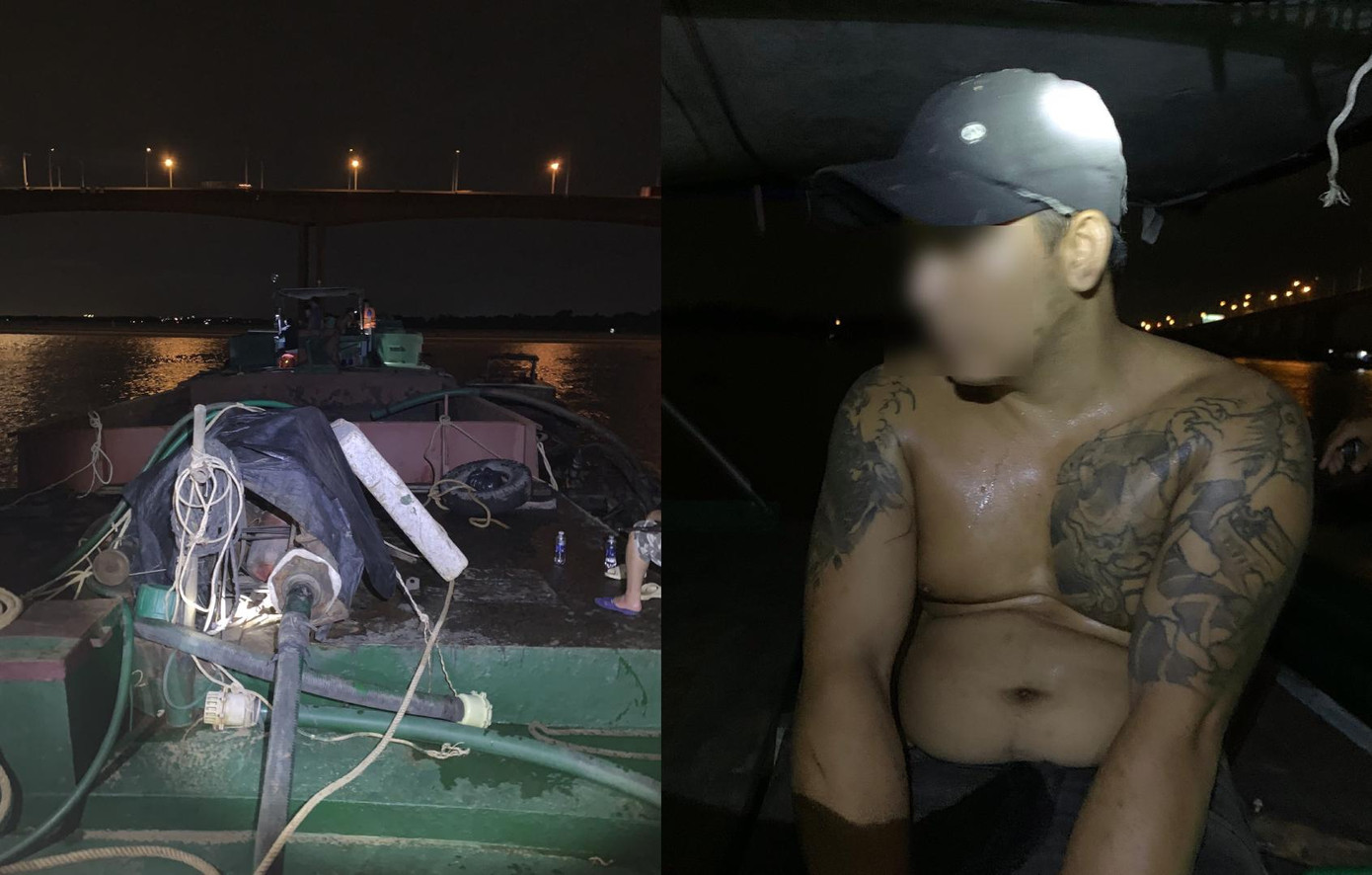 Đối tượng và phương tiện bị bắt quả tang khi đang khai thác cát trái phép trên sông Đồng Nai (khu vực gần cầu Cao tốc Long Thành - Dầu Giây). Đối tượng và phương tiện bị bắt quả tang khi đang khai thác cát trái phép trên sông Đồng Nai (khu vực gần cầu Cao tốc Long Thành - Dầu Giây).