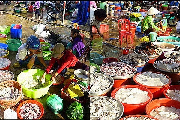 Các tiểu thương sau đó ngâm mực hỏng vào những chậu nước có màu đục như nước vo gạo và khuấy đều. Sau một thời gian, mực mốc trở nên trắng phau, tươi rói như vừa được đánh bắt