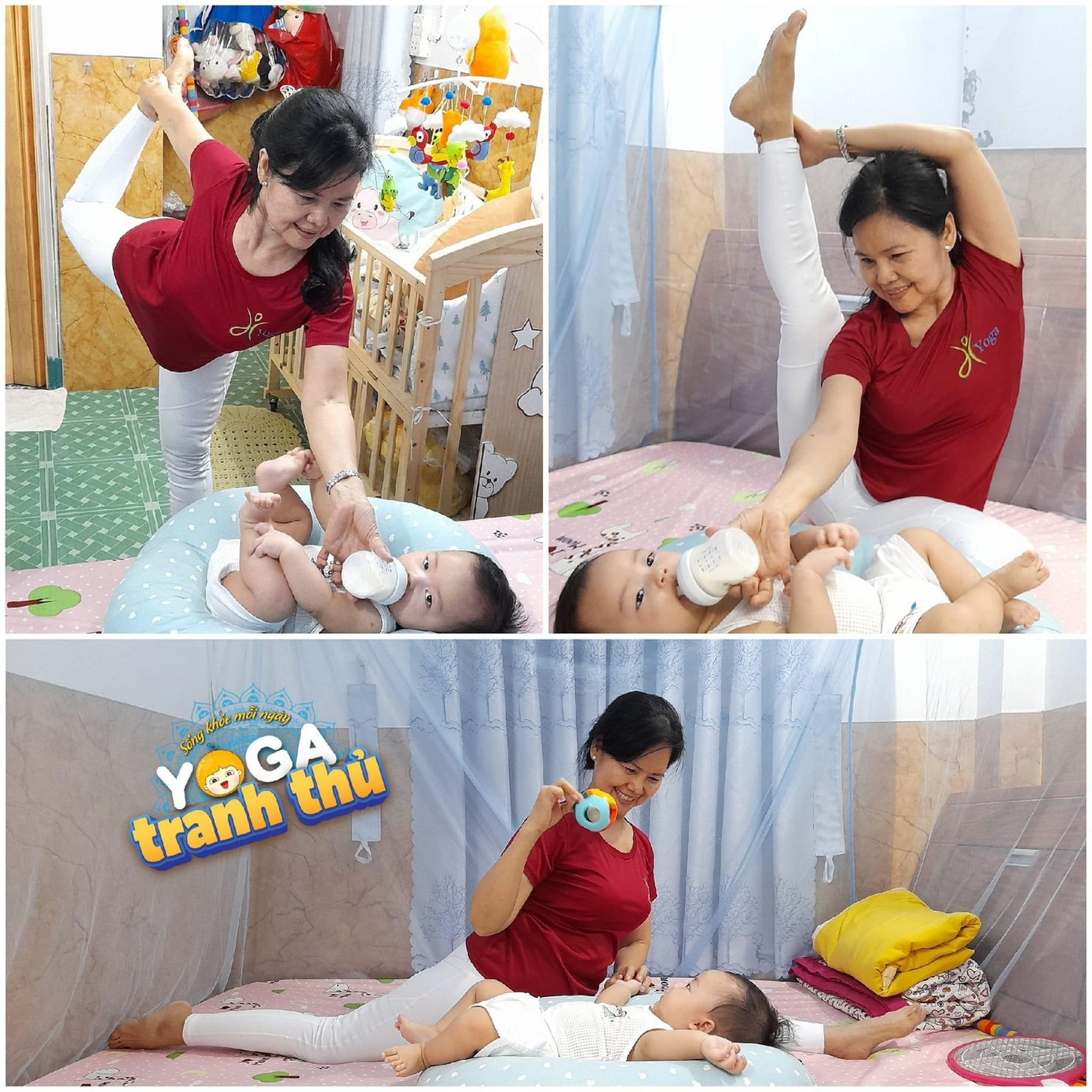 Vừa trông cháu, bà vừa tranh thủ yoga Vừa trông cháu, bà vừa tranh thủ yoga