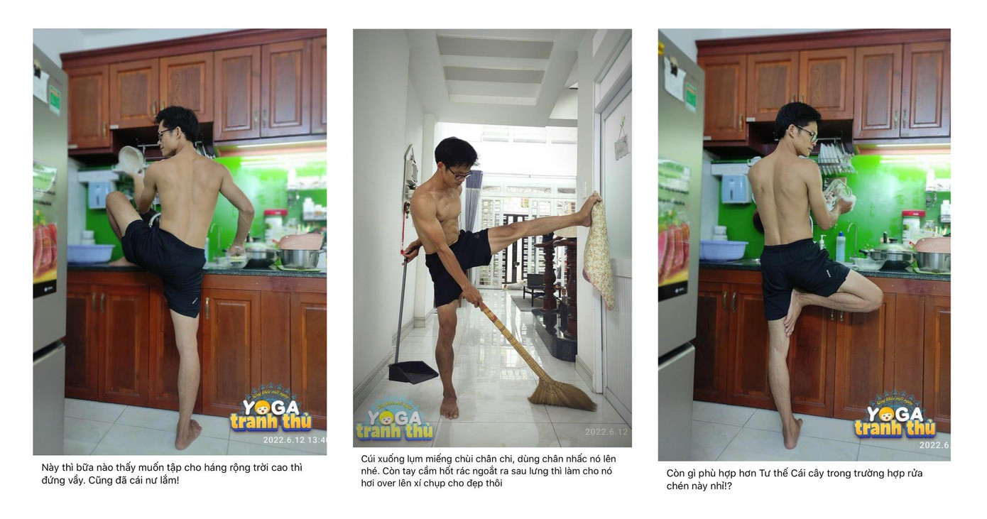 Cao thủ về tranh thủ là vừa giúp vợ việc nhà vừa tranh thủ yoga để rèn luyện sức khỏe Cao thủ về tranh thủ là vừa giúp vợ việc nhà vừa tranh thủ yoga để rèn luyện sức khỏe