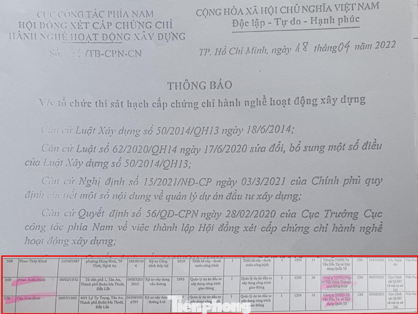 Thông báo kèm danh sách cá nhân dự thi ghi nơi công tác nhưng ông Bách nói không để ý Thông báo kèm danh sách cá nhân dự thi ghi nơi công tác nhưng ông Bách nói không để ý