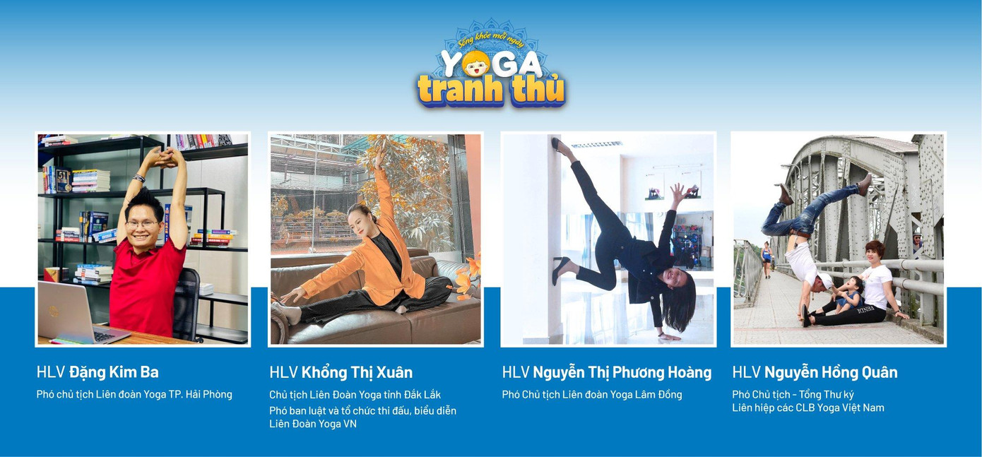Trào lưu Yoga tranh thủ còn nhận được sự hưởng ứng tích cực từ các huấn luyện viên yoga hàng đầu Việt Nam như HLV Khổng Thị Xuân (Yogi Xuân) – Chủ tịch liên đoàn Yoga tỉnh Đăk Lăk, Phó ban Luật và tổ chức thi đấu, biểu diễn Liên đoàn Yoga Việt Nam; HLV Đặng Kim Ba – Phó Chủ tịch Liên đoàn Yoga TP. Hải Phòng; HLV – Nguyễn Thị Phương Hoàng – Phó Chủ tịch Liên đoàn Yoga Lâm Đồng; HLV Nguyễn Hồng Quân – Phó Chủ tịch, Tổng thư ký Liên Hiệp các CLB Yoga Việt Nam … Trào lưu Yoga tranh thủ còn nhận được sự hưởng ứng tích cực từ các huấn luyện viên yoga hàng đầu Việt Nam như HLV Khổng Thị Xuân (Yogi Xuân) – Chủ tịch liên đoàn Yoga tỉnh Đăk Lăk, Phó ban Luật và tổ chức thi đấu, biểu diễn Liên đoàn Yoga Việt Nam; HLV Đặng Kim Ba – Phó Chủ tịch Liên đoàn Yoga TP. Hải Phòng; HLV – Nguyễn Thị Phương Hoàng – Phó Chủ tịch Liên đoàn Yoga Lâm Đồng; HLV Nguyễn Hồng Quân – Phó Chủ tịch, Tổng thư ký Liên Hiệp các CLB Yoga Việt Nam …