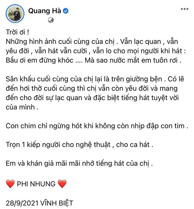 Bài đăng của ca sĩ Quang Hà tiễn biệt ca sĩ Phi Nhung. Bài đăng của ca sĩ Quang Hà tiễn biệt ca sĩ Phi Nhung.