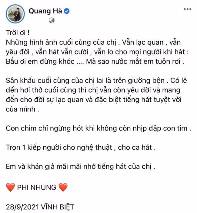 Bài đăng của ca sĩ Quang Hà tiễn biệt ca sĩ Phi Nhung.