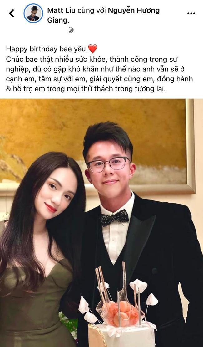 Lời chúc sinh nhật đi cùng lời hứa sẽ bên Hương Giang dù có khó khăn thế nào đi nữa của Matt Liu khiến netizen "tan chảy". - Ảnh: FBNV. Lời chúc sinh nhật đi cùng lời hứa sẽ bên Hương Giang dù có khó khăn thế nào đi nữa của Matt Liu khiến netizen "tan chảy". - Ảnh: FBNV.