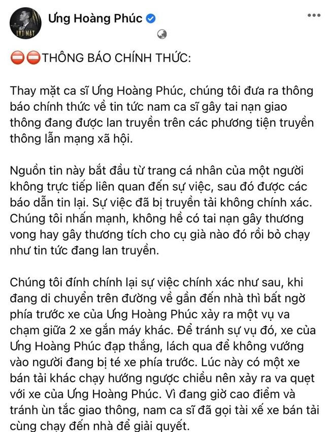 Bài đăng của đại diện Ưng Hoàng Phúc để làm rõ sự việc. - Ảnh: FBNV