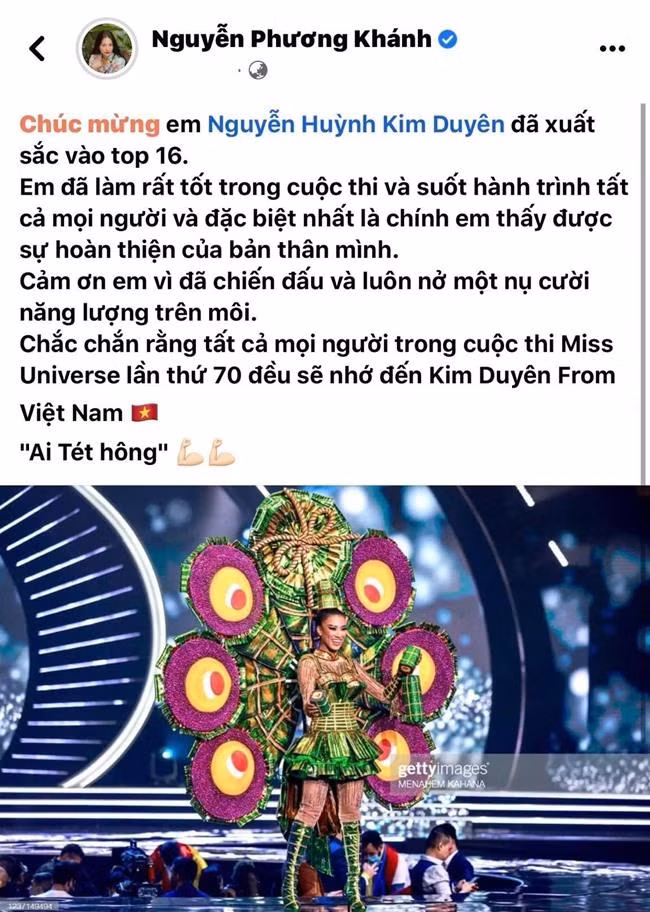 Hoa hậu Phương Khánh khiến mọi người nhớ lại khoảnh khắc tỏa sáng ấn tượng của Kim Duyên trong bộ trang phục truyền thống lấy cảm hứng từ bánh tét. - Ảnh: FBNV.