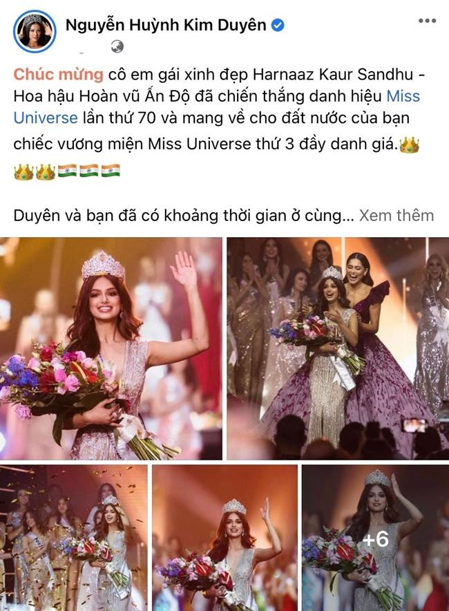 Kim Duyên lghi thêm điểm trong mắt khán giả khi có bài chúc mừng đầy cảm xúc dành cho tân Hoa hậu Hoàn Vũ. - Ảnh: FBNV. Kim Duyên lghi thêm điểm trong mắt khán giả khi có bài chúc mừng đầy cảm xúc dành cho tân Hoa hậu Hoàn Vũ. - Ảnh: FBNV.