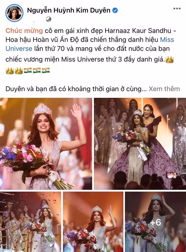 Kim Duyên lghi thêm điểm trong mắt khán giả khi có bài chúc mừng đầy cảm xúc dành cho tân Hoa hậu Hoàn Vũ. - Ảnh: FBNV.