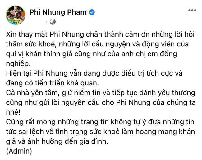 Bài đăng từ đại diện của ca sĩ Phi Nhung.