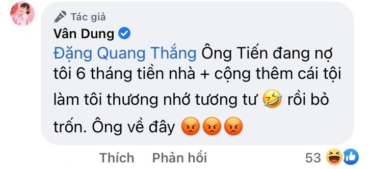NS Vân Dung tag luôn tài khoản facebook của NSƯT Quang Thắng để kể tội ông Tiến. NS Vân Dung tag luôn tài khoản facebook của NSƯT Quang Thắng để kể tội ông Tiến.
