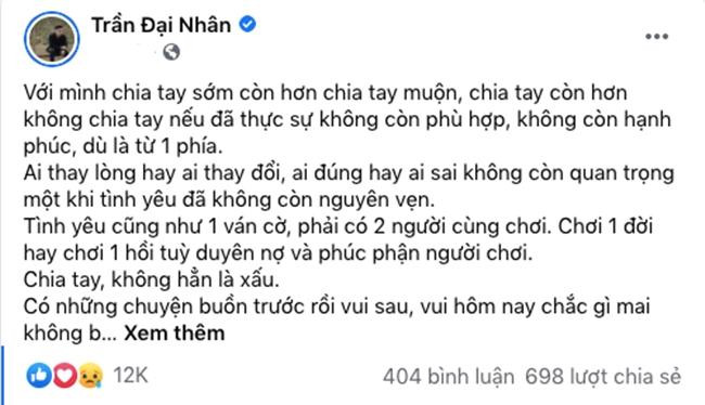 Bài đăng khẳng định chia tay không hẳn là xấu của Đại Nhân trước đây. Ảnh: FBNV