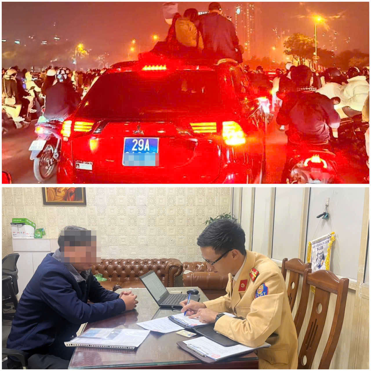 Tài xế xe biển xanh chở 3 người trên nóc xe. Tài xế xe biển xanh chở 3 người trên nóc xe.