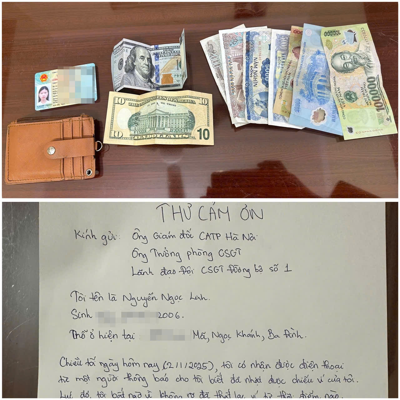 Nữ sinh nhận lại tài sản thất lạc và viết thư cảm ơn lực lượng CSGT Thủ đô.