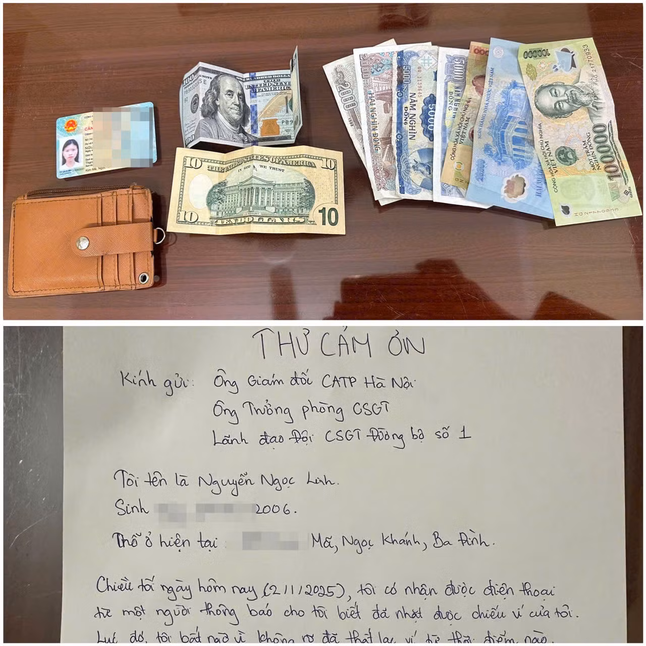 Nữ sinh nhận lại tài sản thất lạc và viết thư cảm ơn lực lượng CSGT Thủ đô.