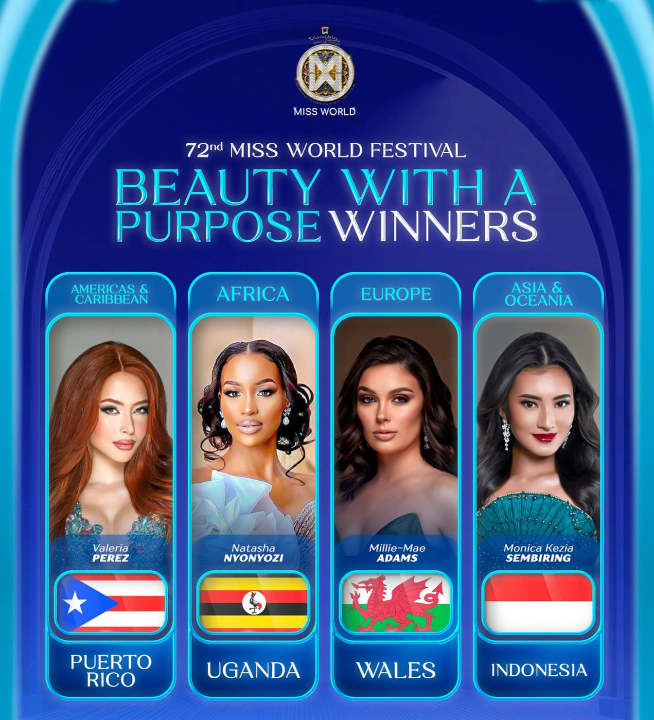 4 người đẹp giành chiến thắng theo từng vùng lục địa ở phần thi dự án nhân ái. 4 người đẹp giành chiến thắng theo từng vùng lục địa ở phần thi dự án nhân ái.