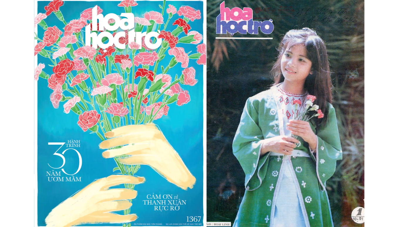 Từ phải sang: Số báo đầu tiên của Hoa Học Trò - số báo kỷ niệm 30 năm Hoa Học Trò.