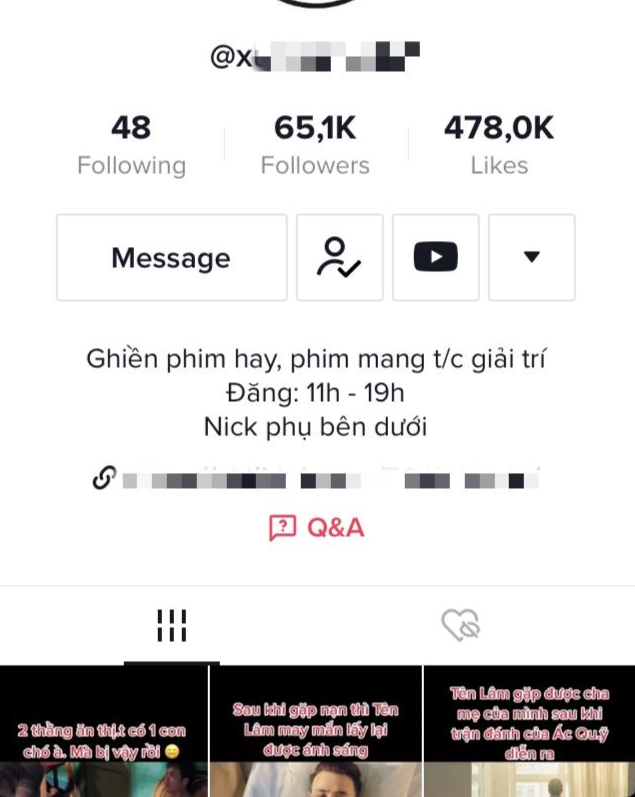 Trang TikTok vi phạm bản quyền với hơn 65.000 lượt theo dõi và còn có cả lịch đăng phim “lậu” cụ thể là 11 giờ đến 19 giờ hằng ngày.