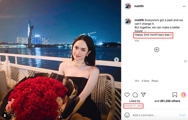 Bức ảnh Hương Giang - Matt Liu kỷ niệm 2 tháng yêu nhau từng gây "bão mạng". Bức ảnh Hương Giang - Matt Liu kỷ niệm 2 tháng yêu nhau từng gây "bão mạng".