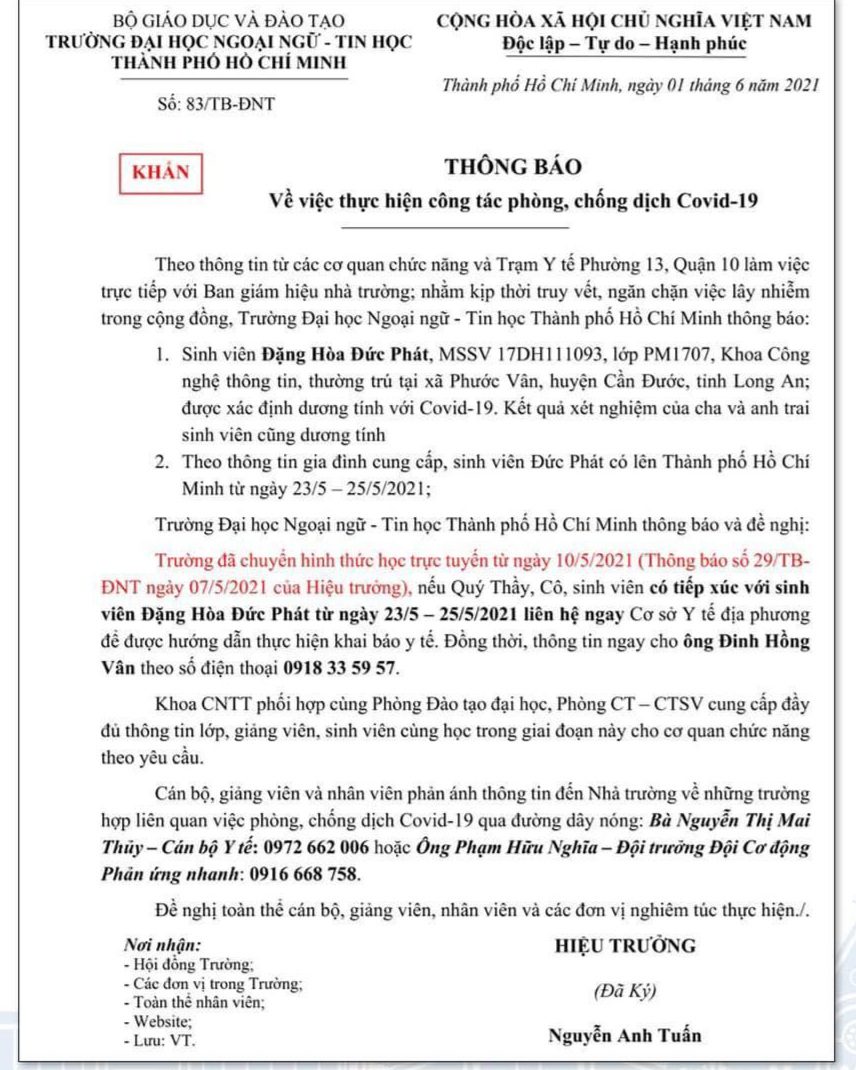 Thông báo của ĐH HUFLIT gửi tới các sinh viên và giảng viên. Nguồn ảnh: HULFIT Thông báo của ĐH HUFLIT gửi tới các sinh viên và giảng viên. Nguồn ảnh: HULFIT