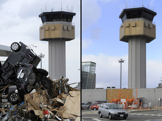 Những chiếc xe chất đống lên nhau ở một tháp kiểm soát không lưu ở Sendai vào 14-3-2011.