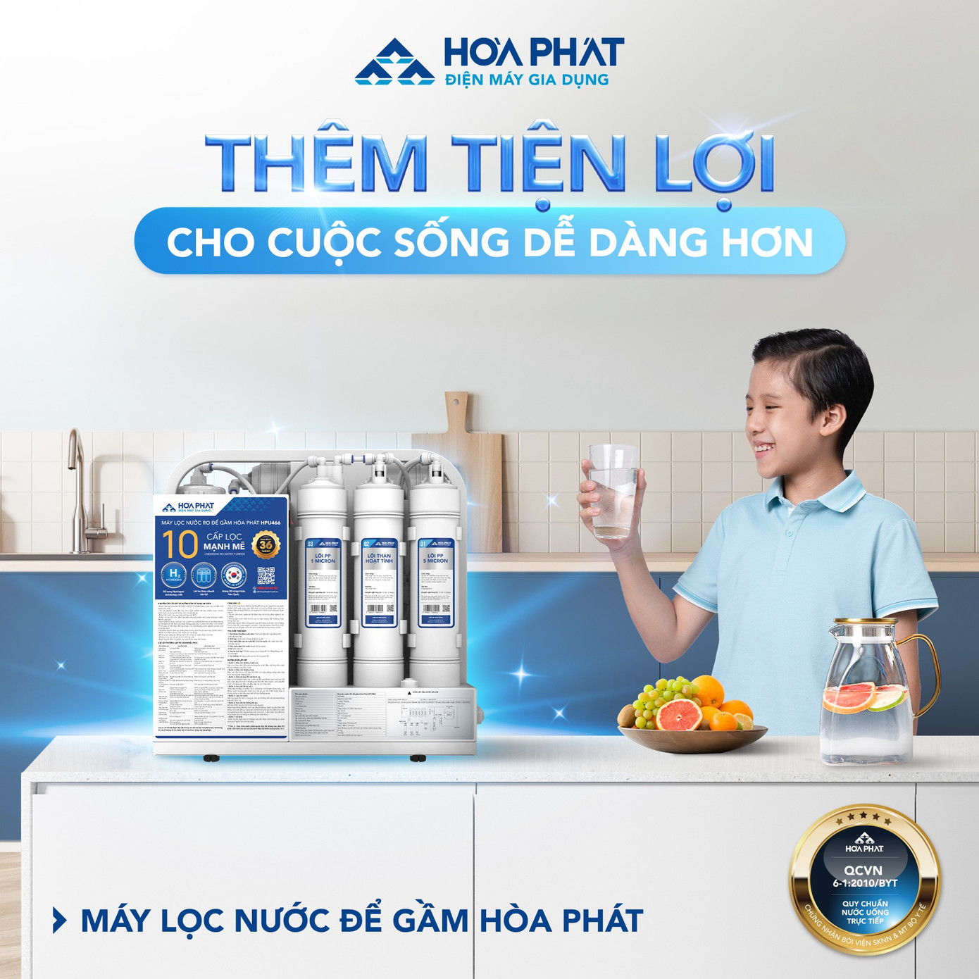 Máy lọc nước RO để gầm với cụm 3 lõi lọc thô đúc liền thay nhanh tiện lợi