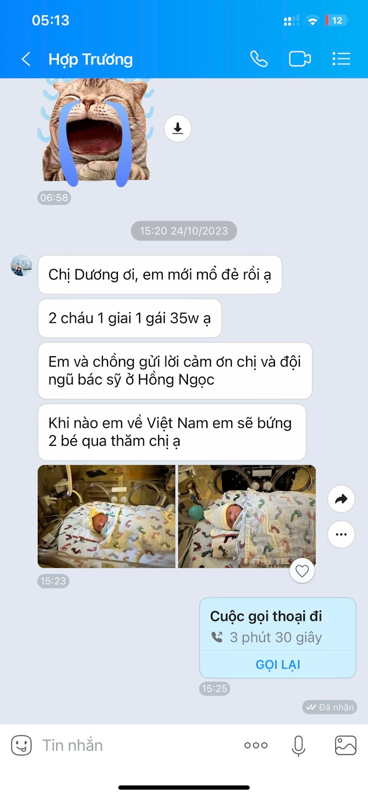 Chị Hợp Trương vui mừng nhắn tin chia sẻ niềm vui với bác sĩ Thùy Dương - người trực tiếp điều trị cho chị khi về Việt Nam làm IVF