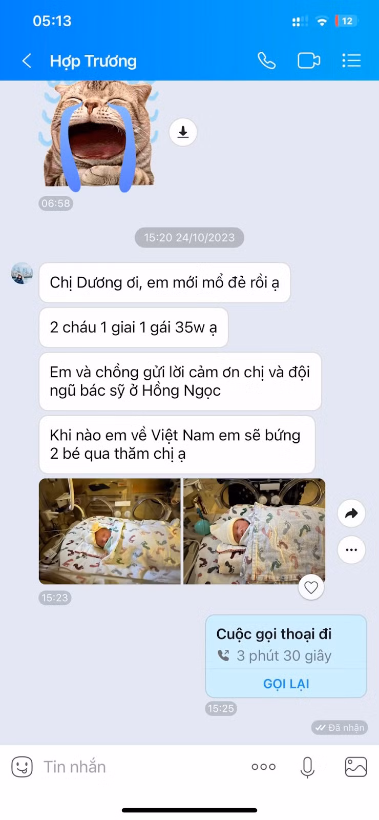 Chị Hợp Trương vui mừng nhắn tin chia sẻ niềm vui với bác sĩ Thùy Dương - người trực tiếp điều trị cho chị khi về Việt Nam làm IVF